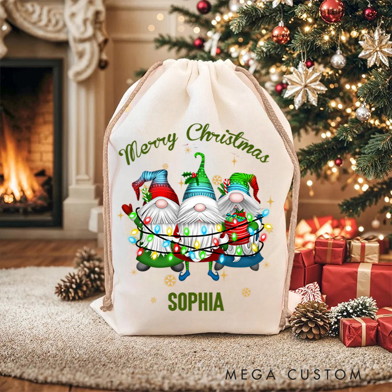 Personalized Cute Gnome Family Holding Christmas Lights Festive Custom Name Holiday Gift Sack Joyful Winter Celebration Christmas Bag