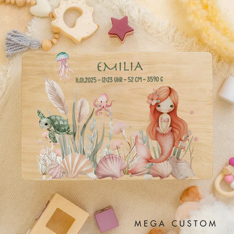 Personalized Red Haired Mermaid Illustration Surrounded by Vibrant Floral and Aquatic Elements Keepsake Memory Box