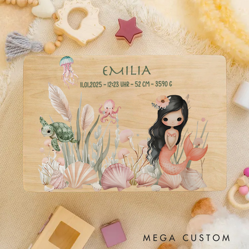 Personalized Black Haired Mermaid Illustration with Delicate Floral Accents and Whimsical Aquatic Details Keepsake Memory Box