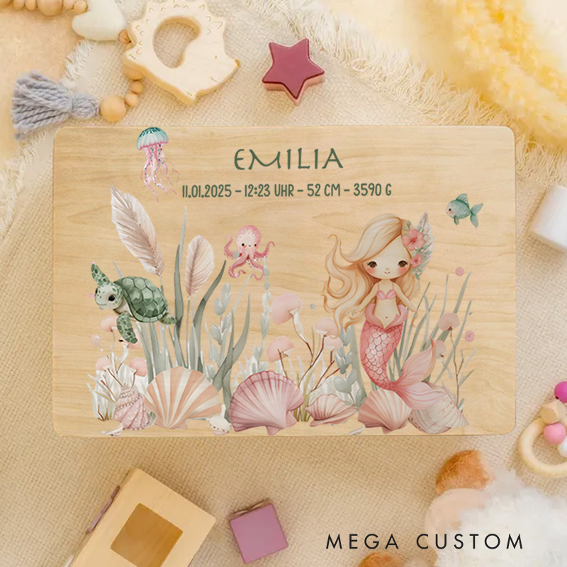 Personalized Blonde Mermaid Illustration Surrounded by Soft Floral and Aquatic Elements Creating a Magical Scene Keepsake Memory Box