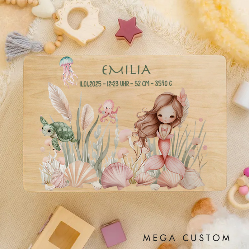Personalized Light Haired Mermaid Illustration with Whimsical Floral Accents and Serene Aquatic Details Keepsake Memory Box