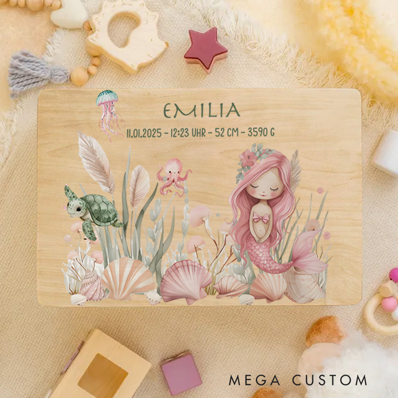 Personalized Pink Haired Mermaid Illustration Surrounded by Dreamy Floral and Aquatic Elements Keepsake Memory Box