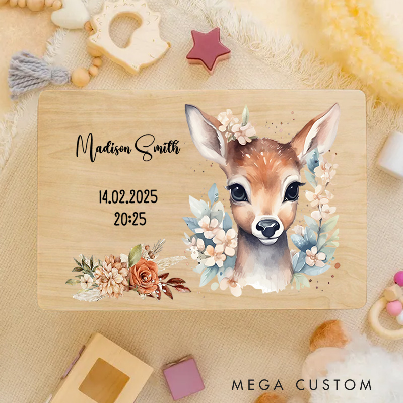 Personalized Baby Deer Illustration Surrounded by Delicate Floral Accents for Cherished Moments Keepsake Memory Box