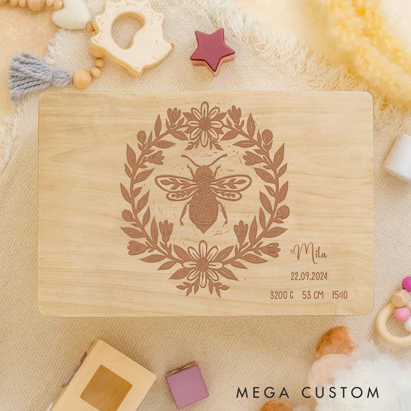 Personalized Bee Illustration with Floral Wreath Accents for Celebrating Special Moments Keepsake Memory Box