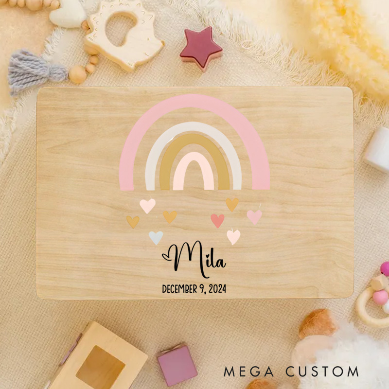 Personalized Pastel Rainbow Illustration with Heart Accents for Storing Precious Childhood Memories Keepsake Memory Box