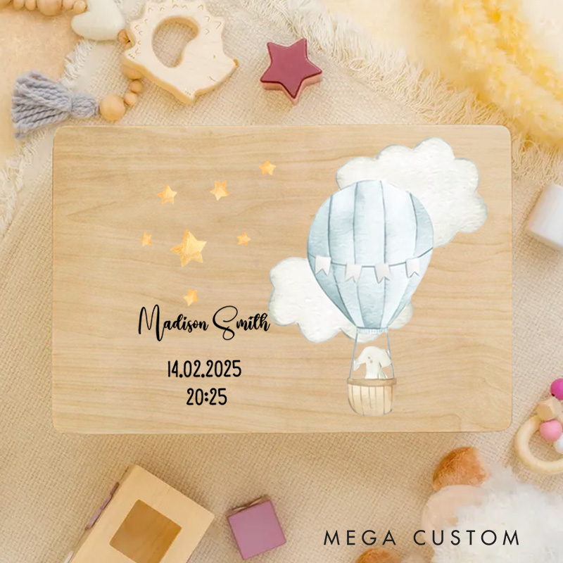Personalized Hot Air Balloon Illustration with Baby Details and Star Accents for Celebrating Special Moments Keepsake Memory Box