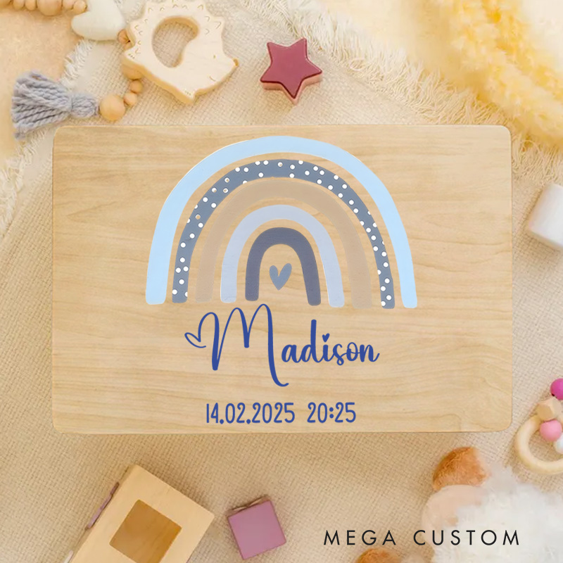 Personalized Earthy Rainbow Illustration with Heart Accents and Baby Details for Storing Precious Childhood Memories Keepsake Memory Box