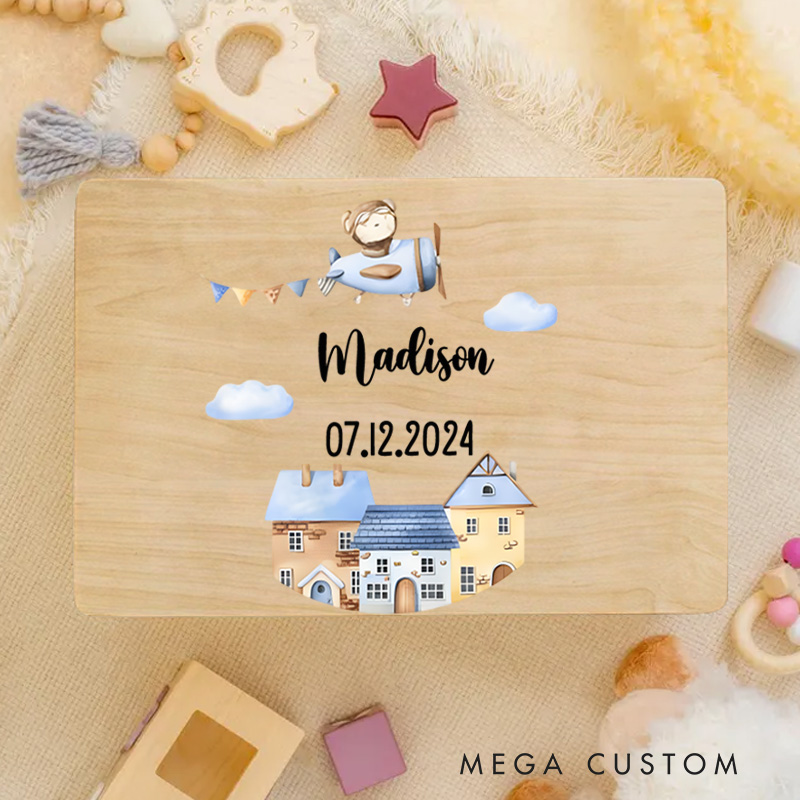Personalized Airplane Illustration with Scenic Background for Storing Precious Childhood Keepsakes Keepsake Memory Box