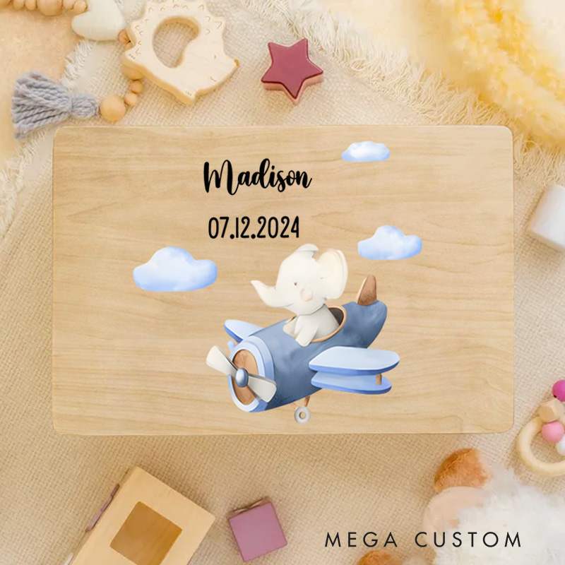 Personalized Airplane and Cloud Illustration with Playful Accents for Cherished Baby Memories Keepsake Memory Box