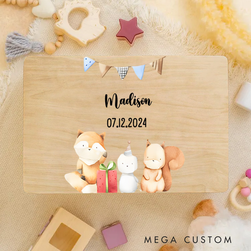 Personalized Woodland Animal Illustration Featuring Fox and Squirrel Characters for Treasured Memories Keepsake Memory Box