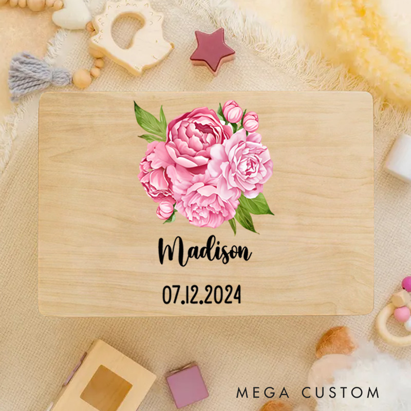 Personalized Pink Floral Illustration Featuring Peonies and Greenery for Cherished Childhood Memories Keepsake Memory Box