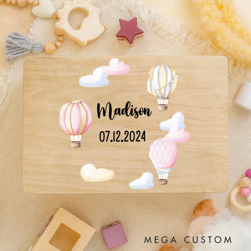Personalized Hot Air Balloon Illustration with Cloud Accents for Storing Treasured Baby Memories Keepsake Memory Box