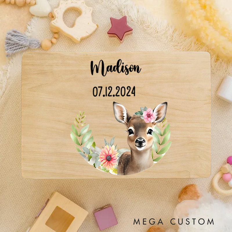 Personalized Baby Deer Illustration Surrounded by Floral Accents for Celebrating Special Childhood Moments Keepsake Memory Box