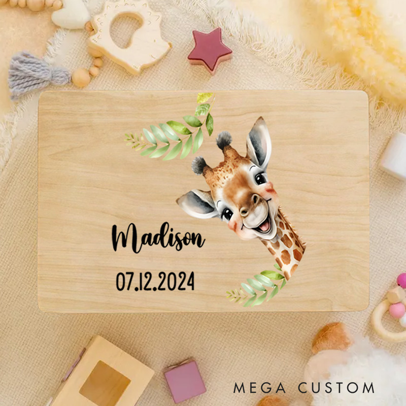 Personalized Giraffe Illustration with Floral and Greenery Accents for Cherished Baby Memories Keepsake Memory Box