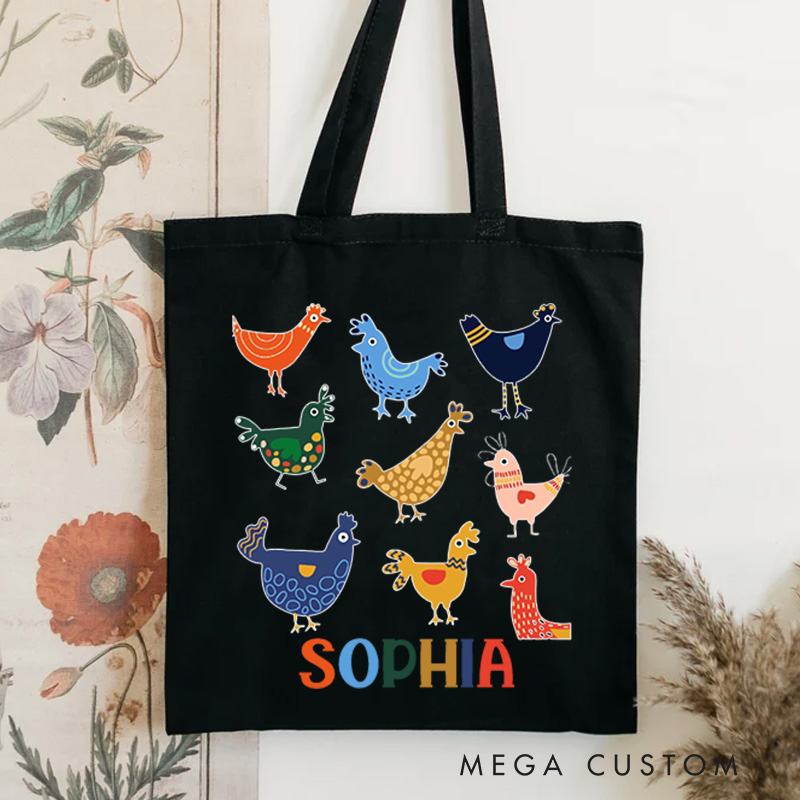 Personalised Colorful Chickens Tote Bag with Name Cute Animal Tote Gift for Kids