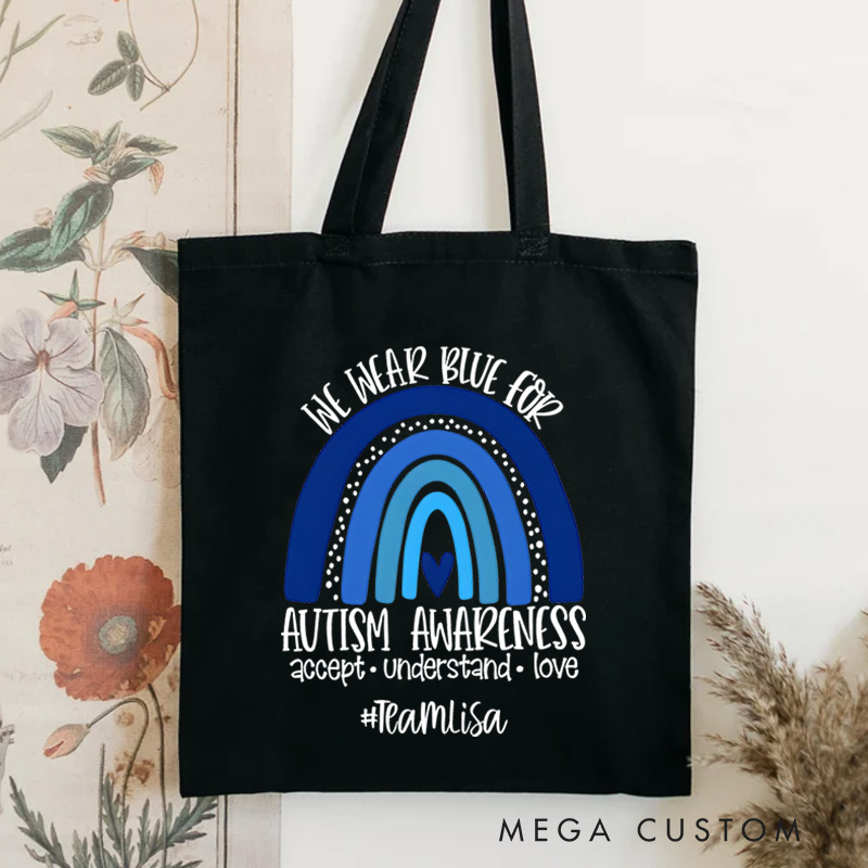 Personalized Autism Awareness Rainbow Illustration Featuring Acceptance and Love Message for Advocacy Tote Bag