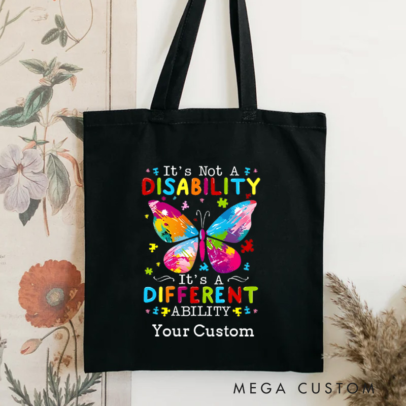 Personalized Butterfly and Autism Awareness Message Illustration Highlighting Different Abilities for Advocacy Tote Bag