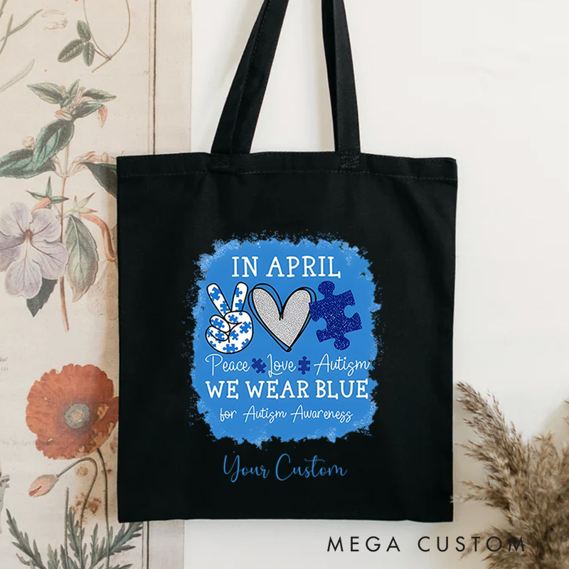 Personalized Wear Blue for Autism Awareness Illustration with Heart and Puzzle Accents for Advocacy Tote Bag