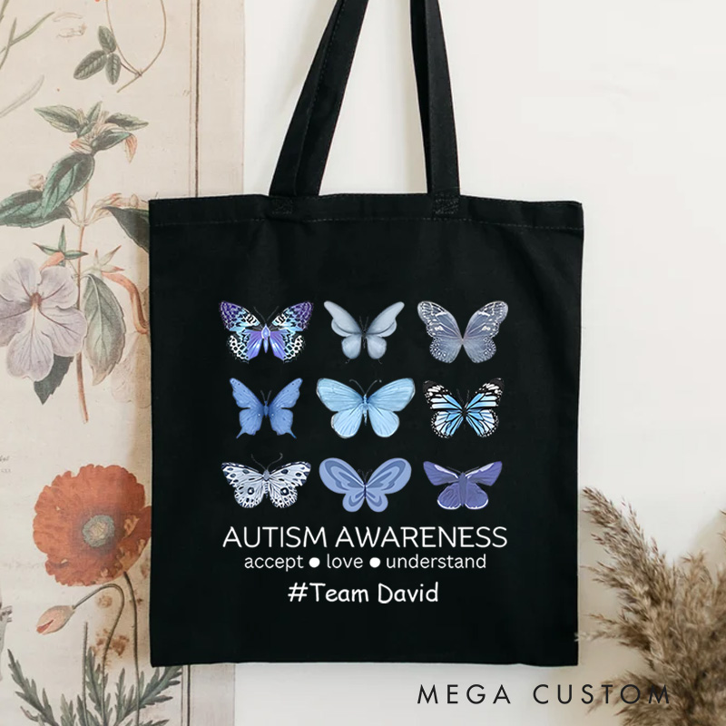 Personalized Butterfly Illustration Representing Autism Awareness with Acceptance and Love Message for Advocacy Tote Bag
