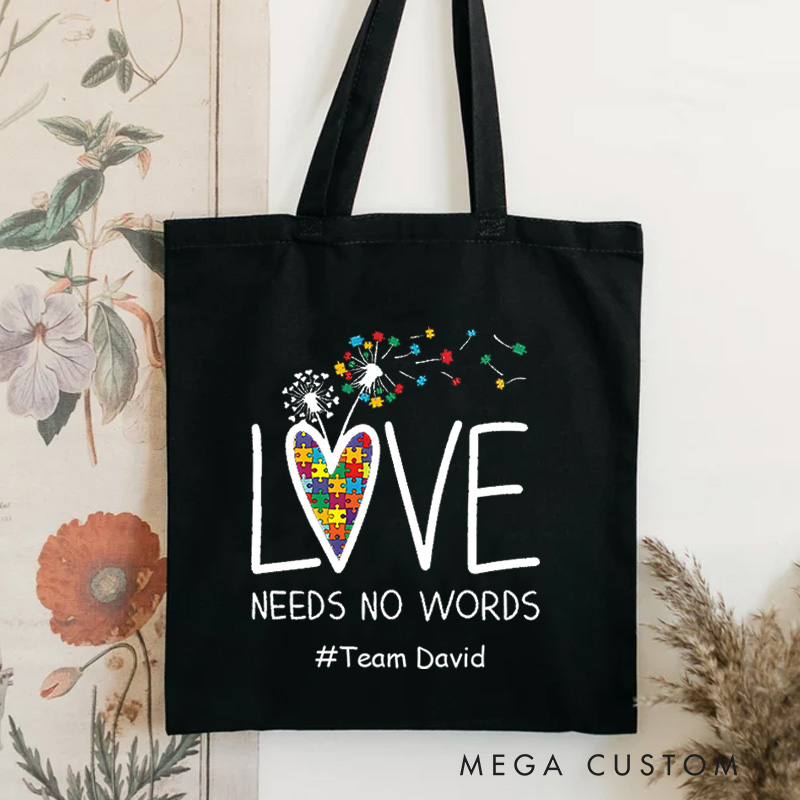 Personalized Love Needs No Words Illustration Featuring Autism Awareness Message for Advocacy Tote Bag