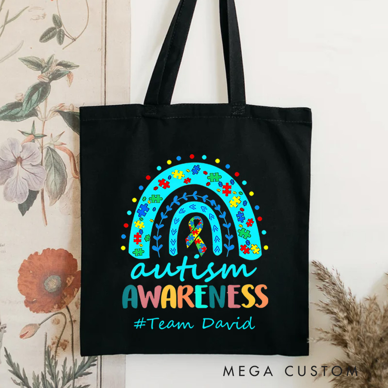 Personalized Autism Awareness Rainbow Illustration Featuring Puzzle and Heart Accents for Advocacy Tote Bag
