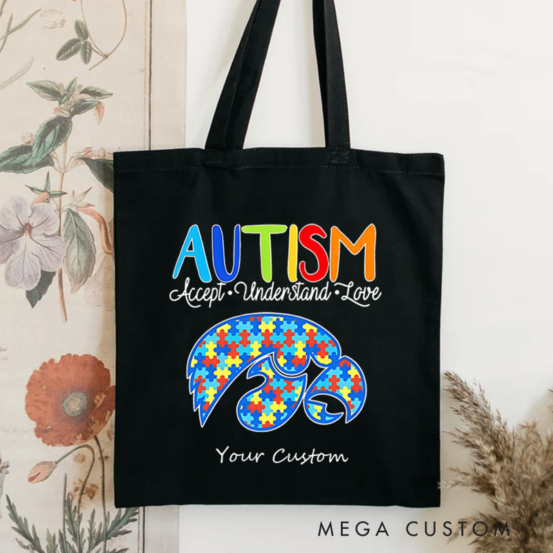 Personalized Autism Awareness Illustration with Puzzle Piece and Acceptance Message for Advocacy Tote Bag