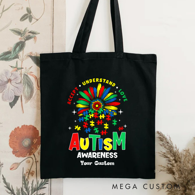 Personalized Autism Awareness Illustration with Colorful Flower and Acceptance Message for Advocacy Tote Bag