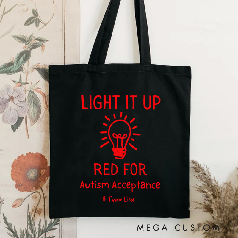 Personalized Light It Up Red for Autism Acceptance Illustration Featuring Bulb Icon for Advocacy Tote Bag