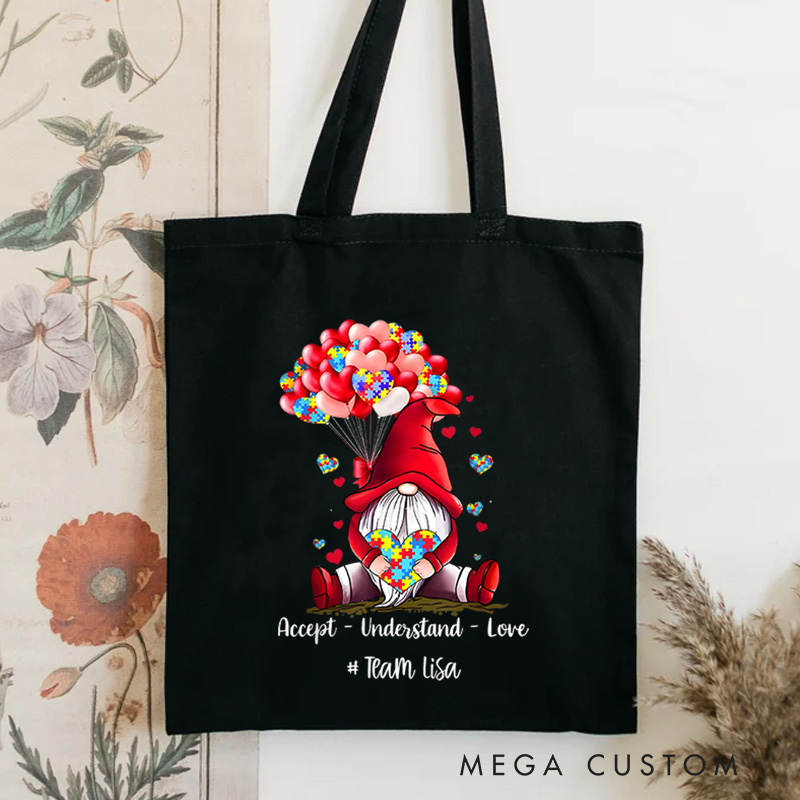 Personalized Gnome Illustration Featuring Autism Awareness Message and Heart Accents for Advocacy Tote Bag