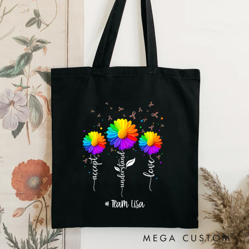 Personalized Colorful Flower Illustration with Autism Awareness Message and Acceptance Theme for Advocacy Tote Bag