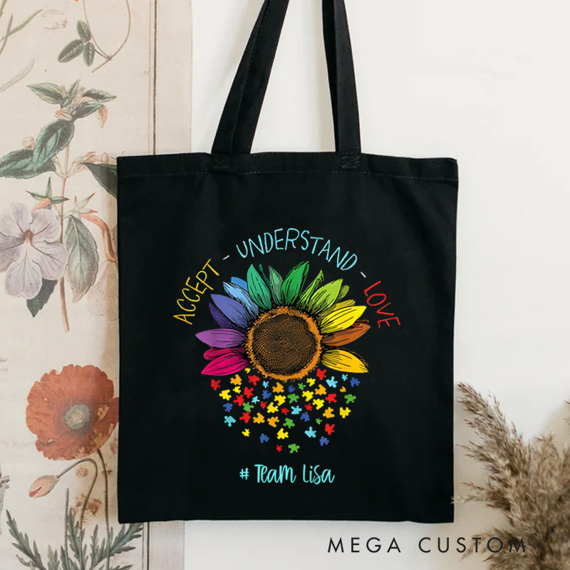 Personalized Sunflower Illustration Featuring Autism Awareness Message and Puzzle Accents for Advocacy Tote Bag