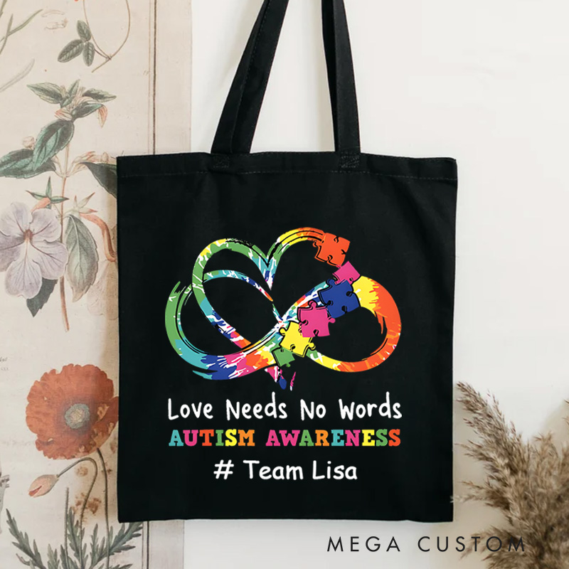 Personalized Autism Awareness Infinity Symbol Illustration Featuring Love Needs No Words Message for Advocacy Tote Bag
