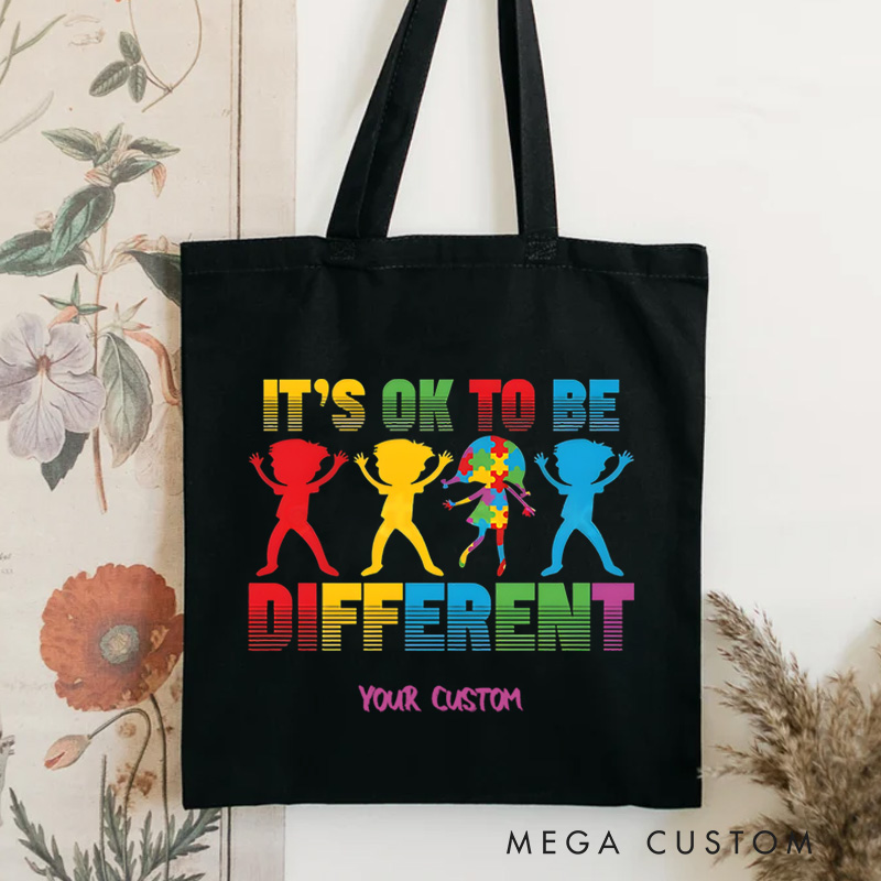 Personalized Autism Awareness Illustration Featuring Inclusion and It’s Okay to Be Different Message for Advocacy Tote Bag