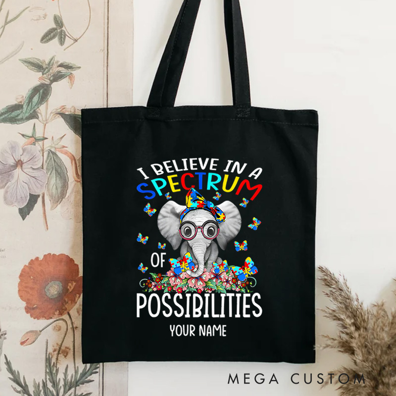 Personalized Autism Awareness Illustration Featuring Elephant and Spectrum of Possibilities Message for Advocacy Tote Bag