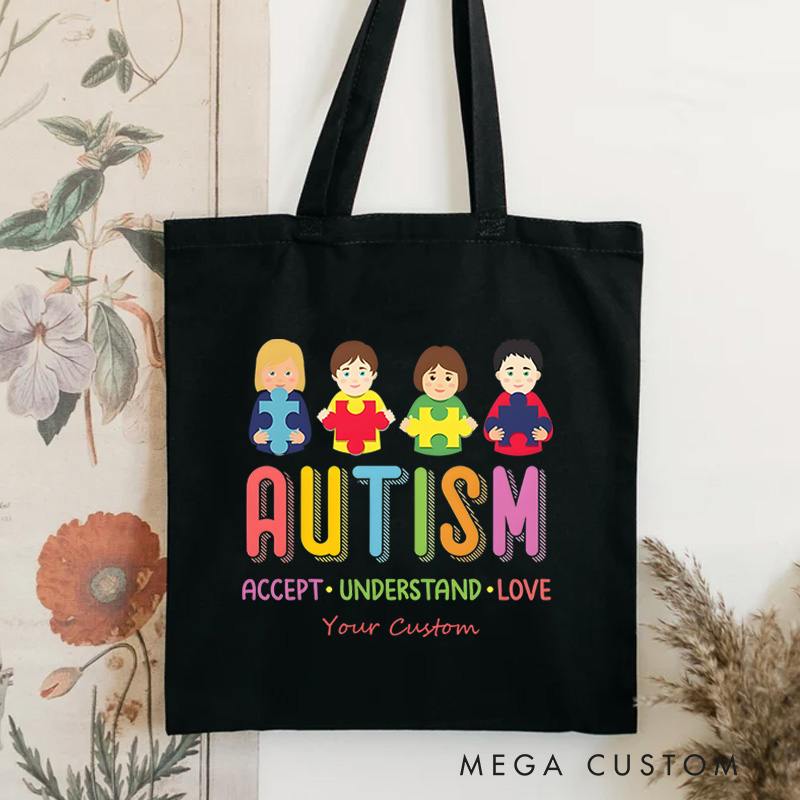 Personalized Autism Awareness Illustration Featuring Diverse Children and Acceptance Message for Advocacy Tote Bag