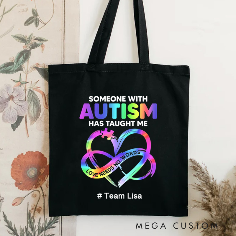 Personalized Autism Awareness Illustration Featuring Infinity Symbol and Love Needs No Words Message for Advocacy Tote Bag