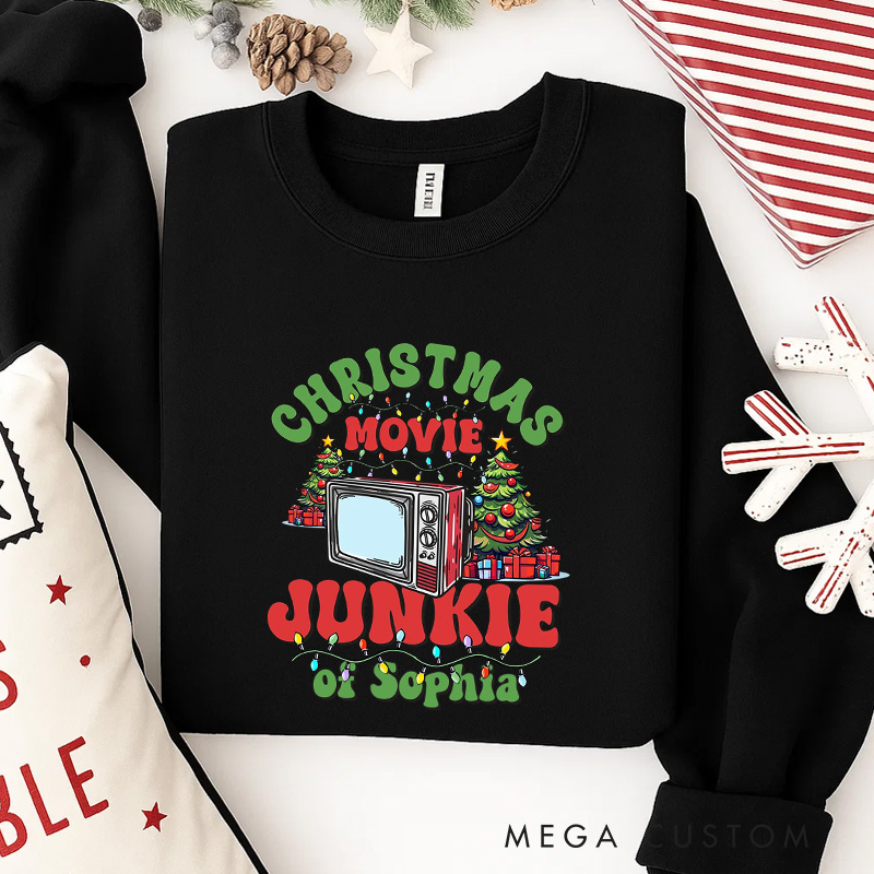 Personalized Christmas Movie Junkie Watching Classic Sweatshirt Christmas Film Crewneck Movie Holiday Shirt
