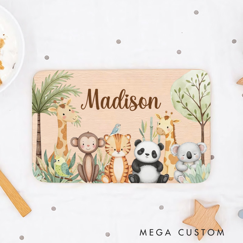Personalized Jungle Animals with Tropical Trees Breakfast Board