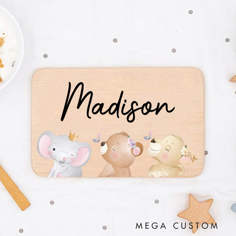 Personalized Elephant and Giraffe with Crown and Flowers Breakfast Board