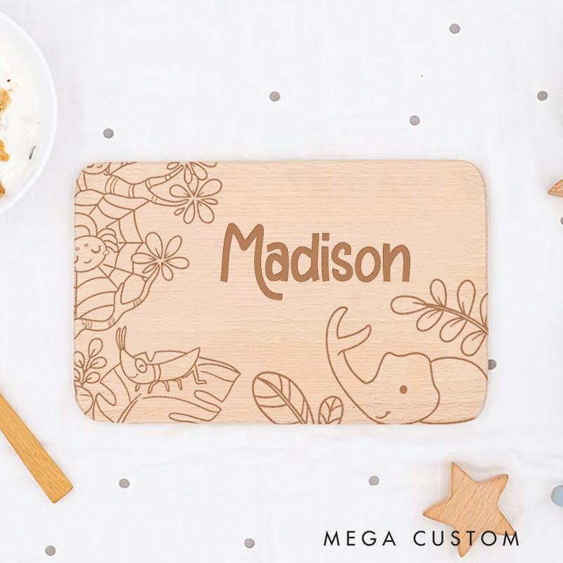 Personalized Elephant and Toucan with Tropical Leaves Breakfast Board