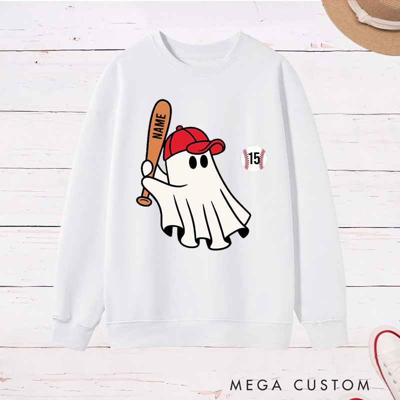 Personalized Halloween Sweatshirt with Ghost Holding Bat Custom Text  