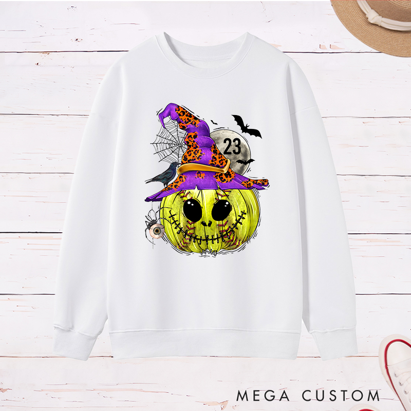 Personalized Enchanted Softball Pumpkin Witch Sweatshirt with Custom Number