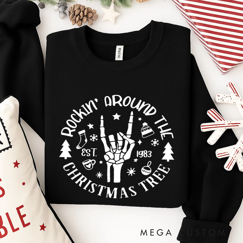 Personalized Classic Sweatshirts Christmas Rockin' Around Sweatshirt Christmas Tree Sweatshirt Christmas Gift for Heavy Metal Music Lover