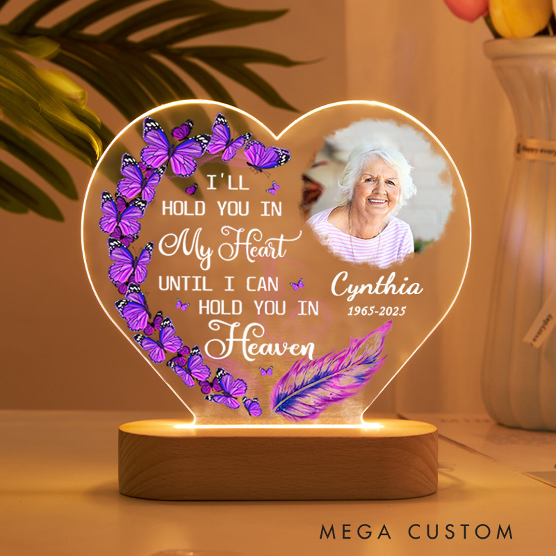 Personalized Memorial Heart Shaped LED Light Custom Photo Name Year Purple Butterflies Feather Memorial Keepsake