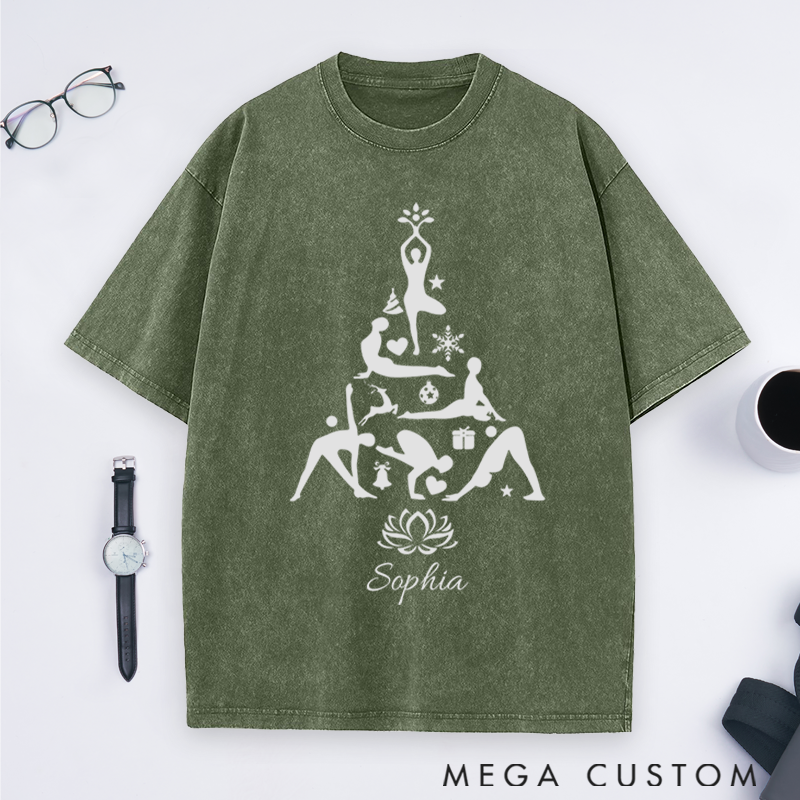 Personalized Yoga Washed T-Shirt with Christmas Tree Design Perfect Gift for Yoga Lover and Christmas