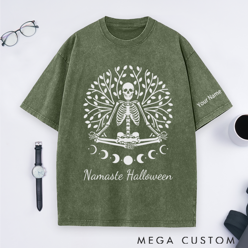 Personalized Namaste Halloween Washed T-Shirt with Spooky Skeleton Yoga Design Perfect Gift for Yoga Lover and Halloween