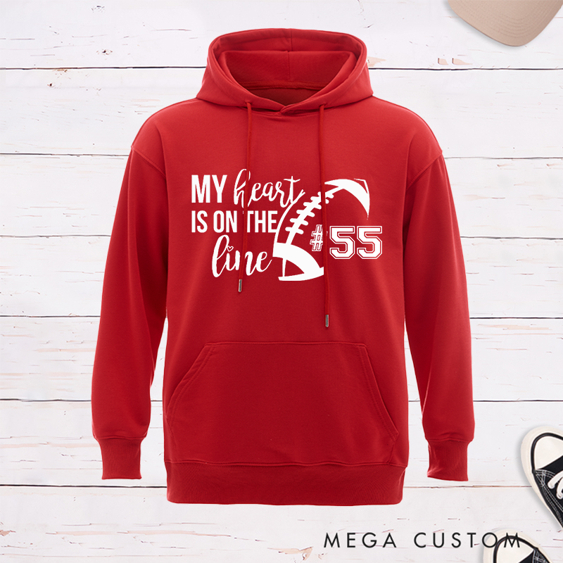 Personalized American Football Hoodie Cap for "My Heart is on the Line" with Custom Jersey Number