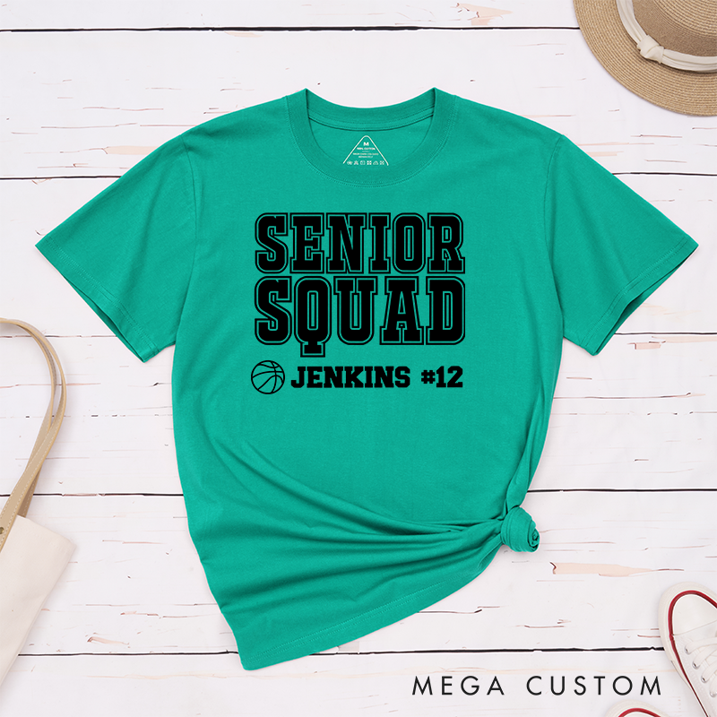 Personalized Senior Squad T-Shirt with Basketball Theme, Name and Number Customization