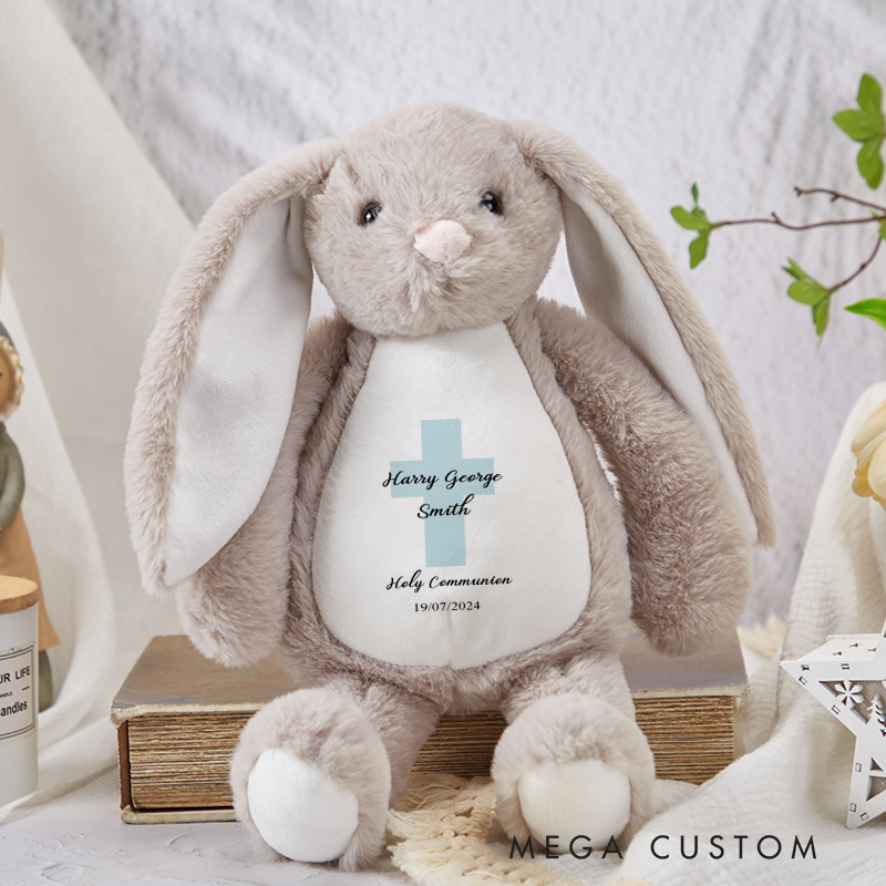 Personalized Blue Cross Stuffed Bunny Plush Toy with Name Birthday First Holy Communion Gift for Christians