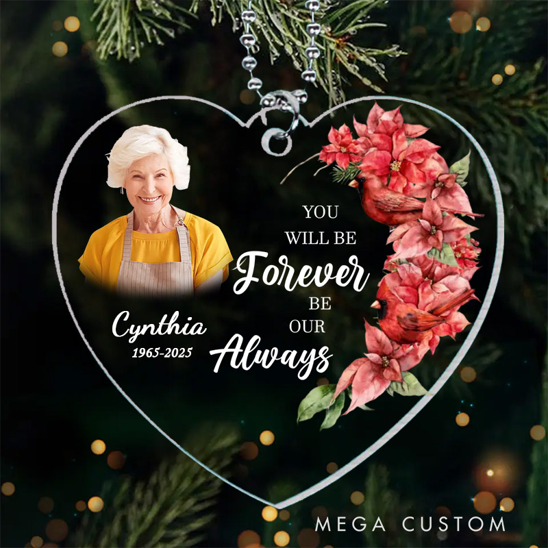 Personalized Heart Shaped Memorial Ornament Customizable Photo Name Year Quote Cardinal Poinsettia Keepsake